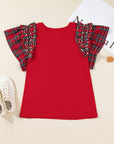 Plus Size Christmas Plaid Pearl Ruffle Sleeve Holiday T-shirt