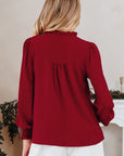 Solid Notched Neck Shirred Cuff Long Sleeve Blouse
