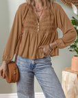 Solid Smocked Split V-Neck Buttoned Blouse