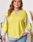 Yellow Striped Color Block Patchwork Crewneck Plus Size Pullover Sweatshirt