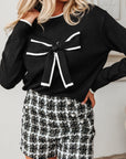 Bow Contrast Trim Long Sleeve Cropped Christmas Sweater