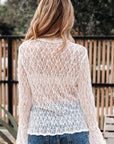 Sheer Lace Bell Sleeve Mock Neck Blouse