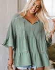 Ensley Tie Split Neck Textured Ruffle Patchwork Blouse