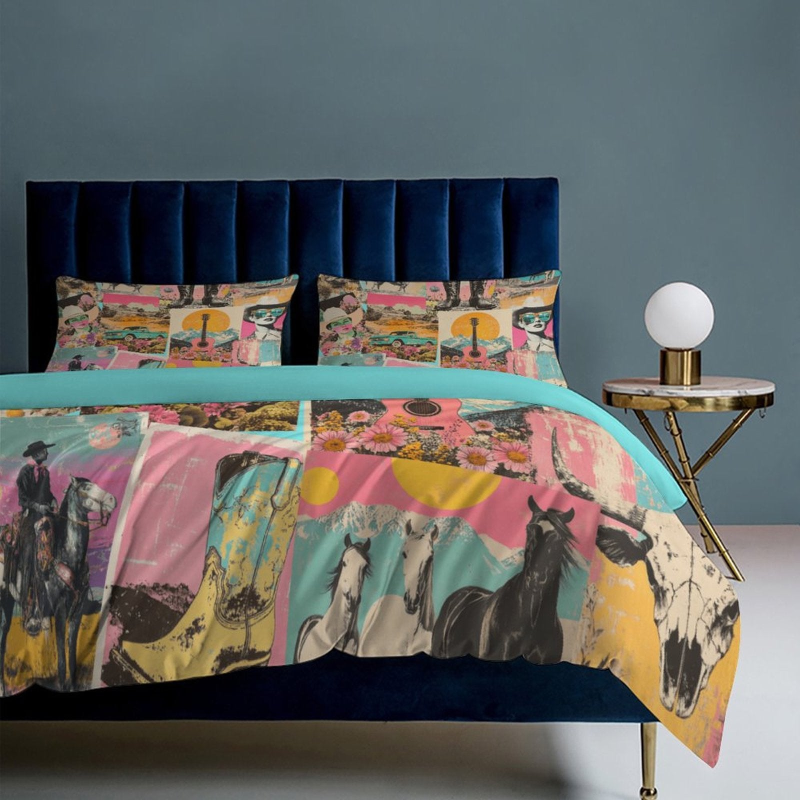 Baha Ranch Retro Pop Western 3-Piece Bedding Set (1 Duvet Cover + 2 Pillow Shams) – 102&quot;×90&quot;