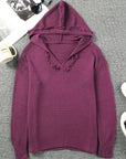 Solid Ribbed Drop Shoulder Hooded V-Neck Sweater