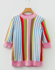 Stripe Pointelle Knit 3/4 Sleeve Sweater