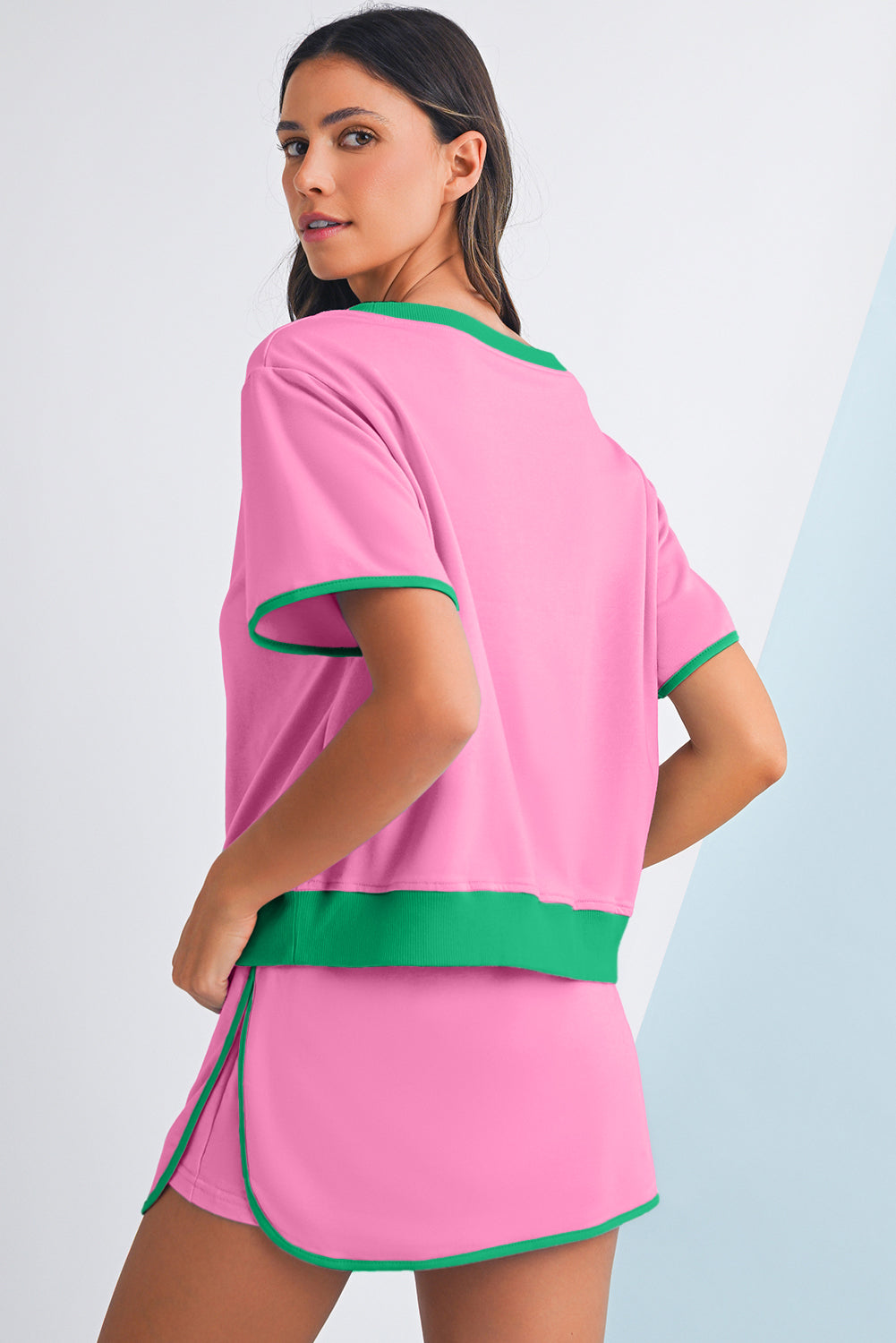 Colorblock Edge Drop Shoulder T Shirt and Skort Set
