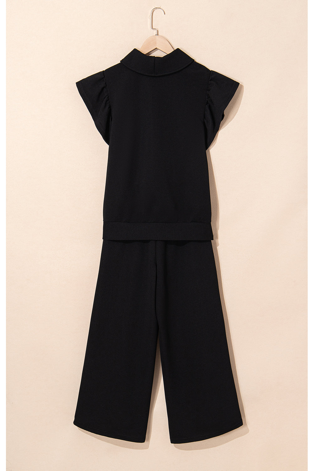 Textured Ruffle Sleeve Zipped Top and Wide Leg Pants Set