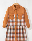 Plaid Patchwork Pocketed Ruffle Hem Shirt Dress