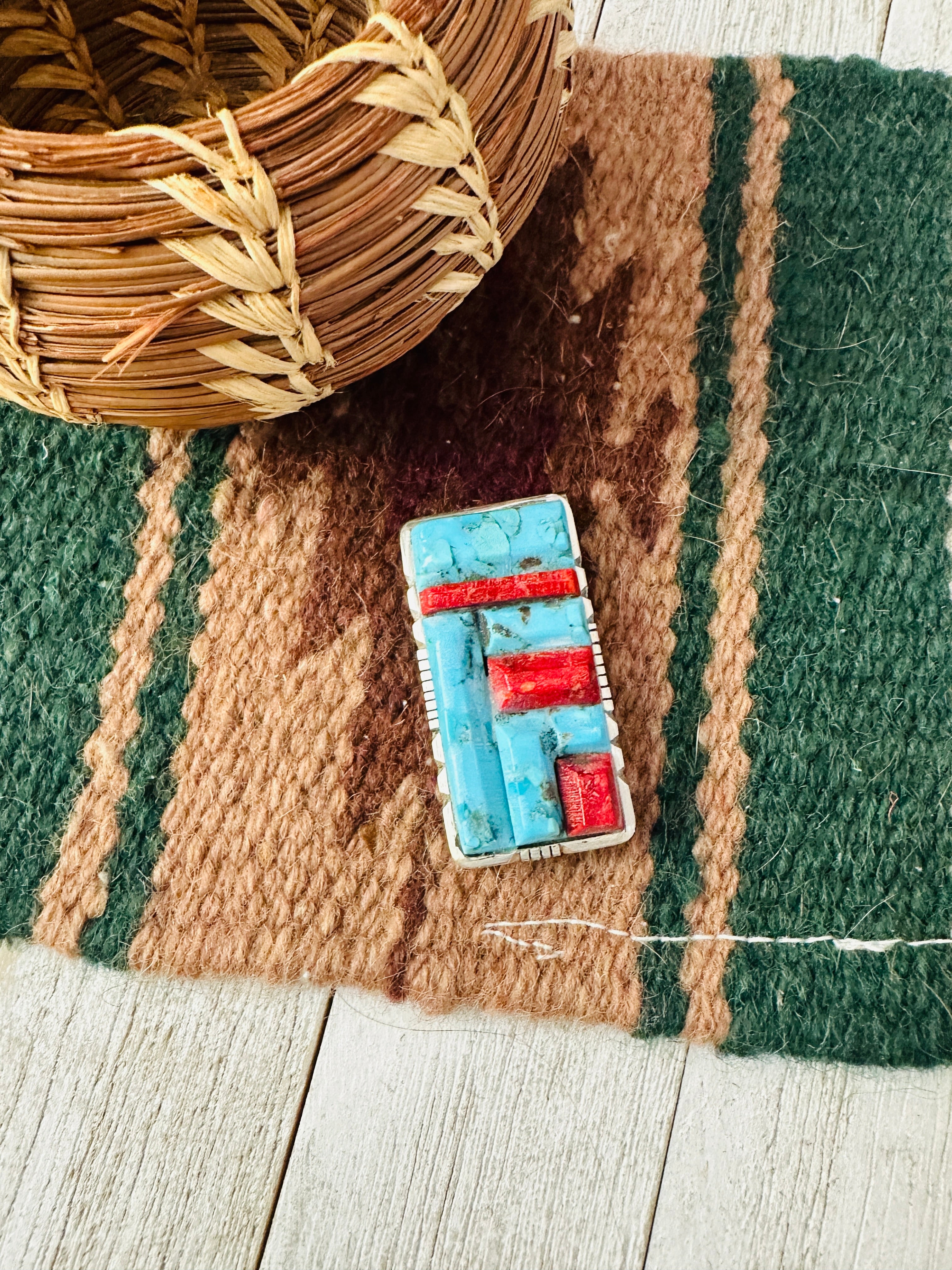 Navajo Turquoise, Coral & Sterling Silver Inlay Money Clip