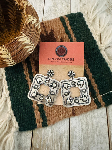 Navajo Hand Stamped Sterling Silver Concho Dangle Earrings by Leander Tahe