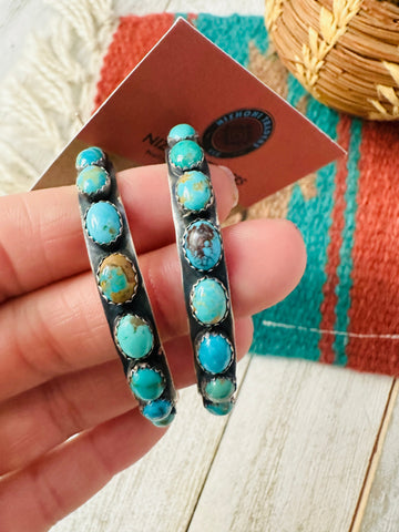 Navajo Turquoise & Sterling Silver Dangle Hoop Earrings by Leroy James