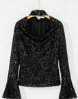 Solid Sequin Backless Bell Sleeve Top