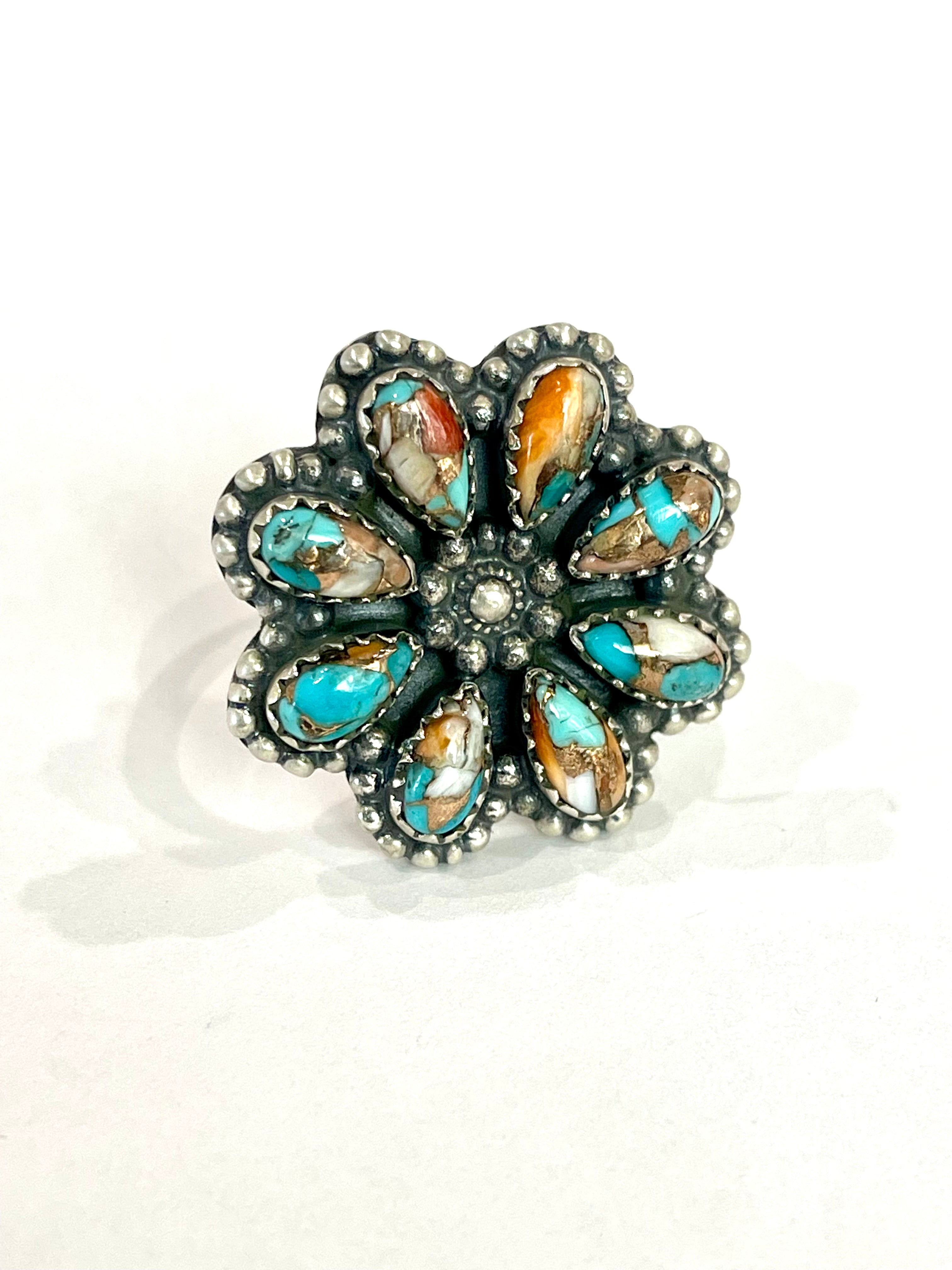 Beautiful Handmade Sterling Silver And Spice Flower Cluster Adjustable Ring