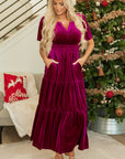 Velvet Shirred Waist Tiered Maxi Dress