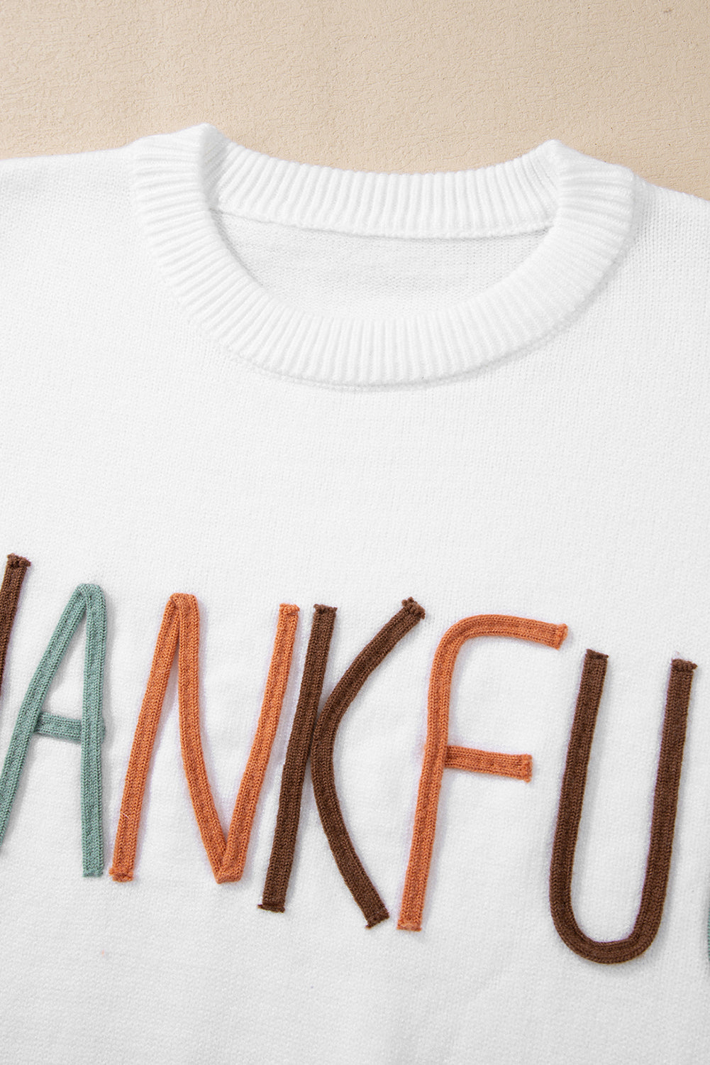 Thankful Embroidered Ribbed Trim Thanksgiving Sweater