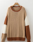 Plus Size Colorblock Knit Contrast Stitch Crewneck Sweater