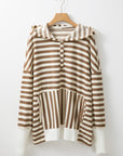 Brown Stripe Quarter Buttons Drop Sleeve Plus Size Hoodie