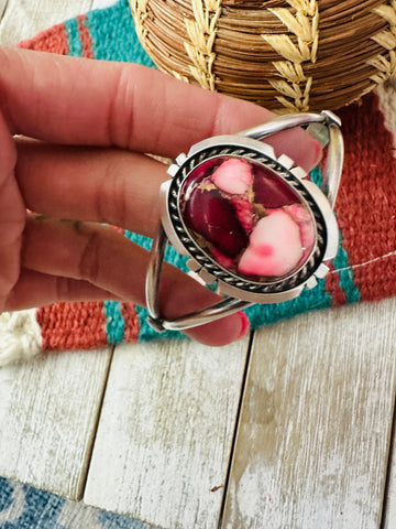 Navajo Sterling Silver & Rose Dahlia Cuff Bracelet