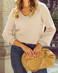Bow Back  Lantern Sleeve V-Neck Sweater