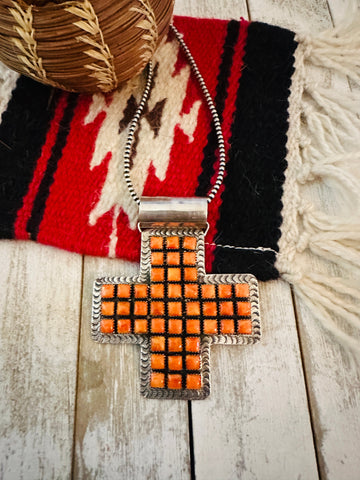 Navajo Sterling Silver & Orange Spiny Cross Pendant by Marcella James