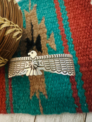Navajo Hand Stamped Sterling Silver Thunderbird Cuff Bracelet by Darell Carmen