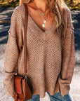 Solid Eyelet V-Neck Drop Shoulder Sweater