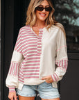Stripe Patchwork Long Sleeve Henley Top