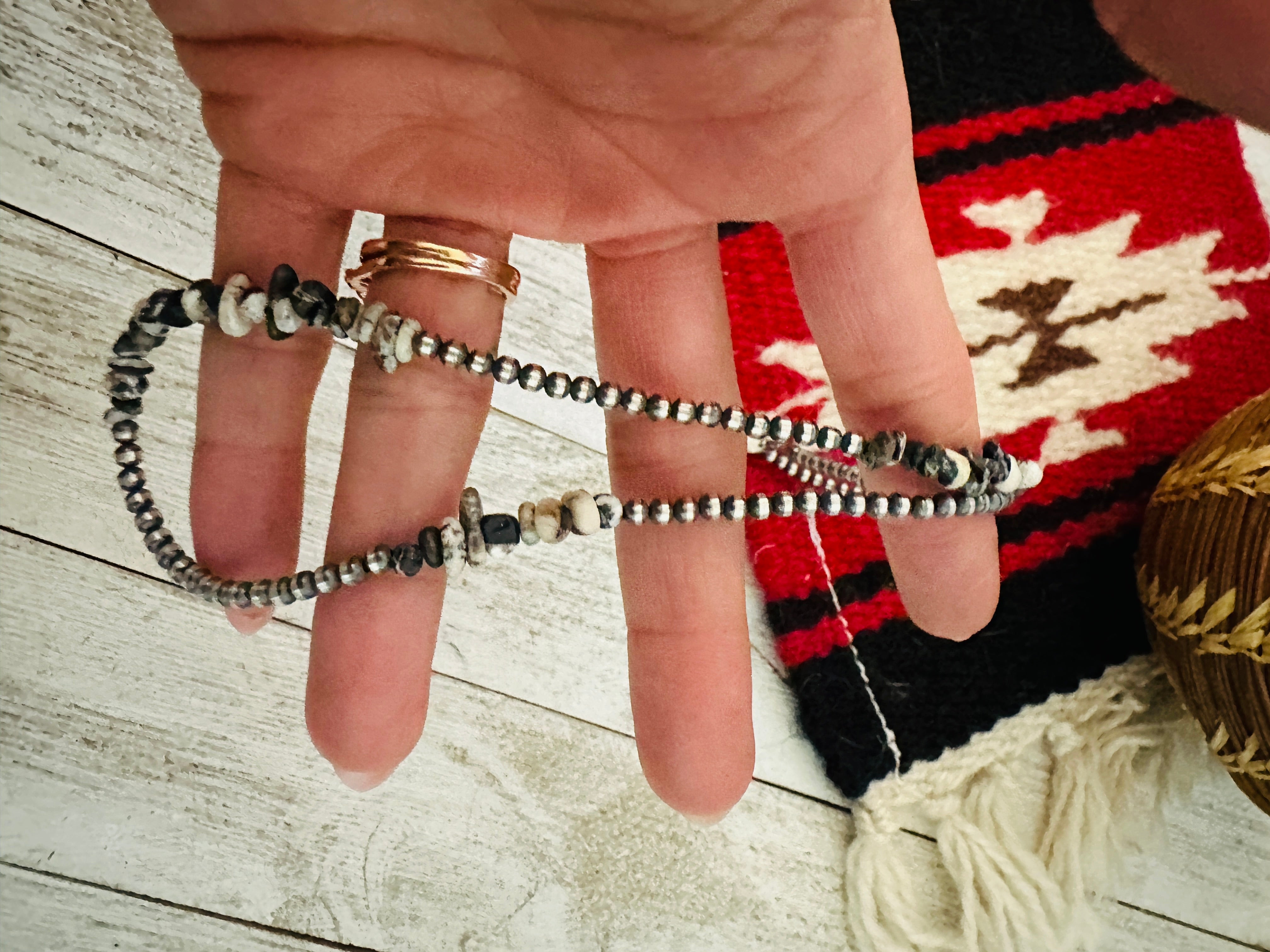 Sterling Silver Navajo Pearl & White Buffalo Beaded Necklace 18”