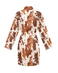 Light Brown Cow Print Women's Long Sleeve Belted Satin Feel Dressing Lounge Robe