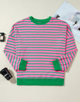 Pink Stripe Waffle Knit Crew Neck Plus Size Sweatshirt