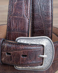 Mens M&F Western Distressed Brown Croc Print Leather Belt Engraved Silver Buckle