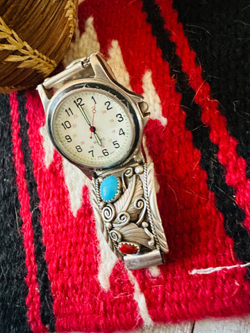 Old Pawn Vintage Navajo Turquoise, Coral & Sterling Silver Watch