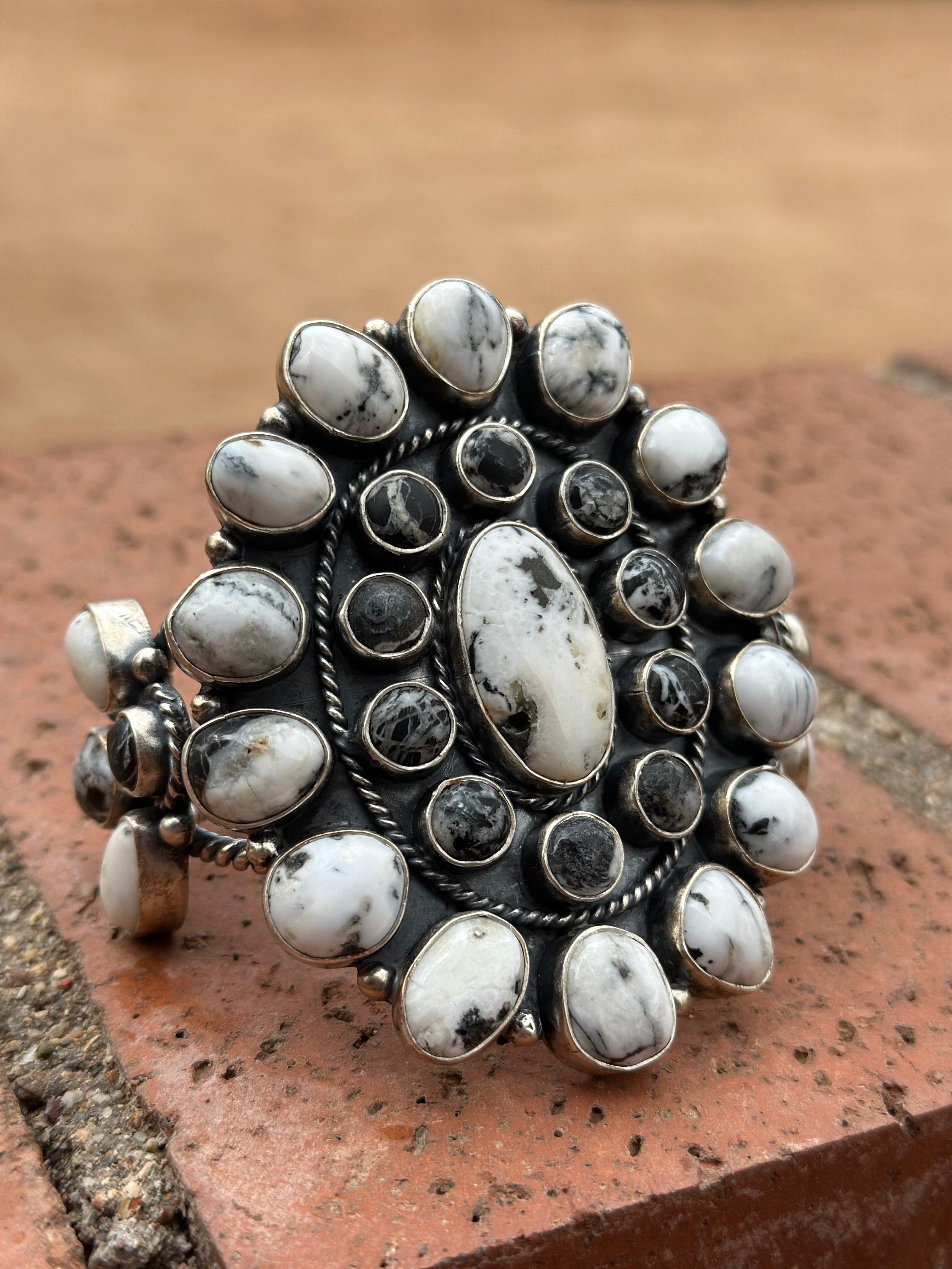 Navajo White Buffalo & Sterling Silver Cluster Cuff Bracelet