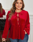 Plus Size Velvet Tie Front Peplum Blouse