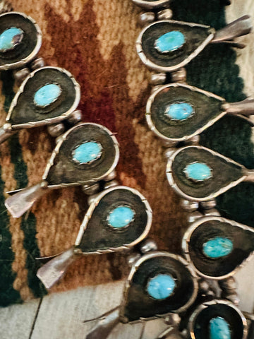 Vintage Navajo Turquoise Sterling Silver Squash Blossom Necklace