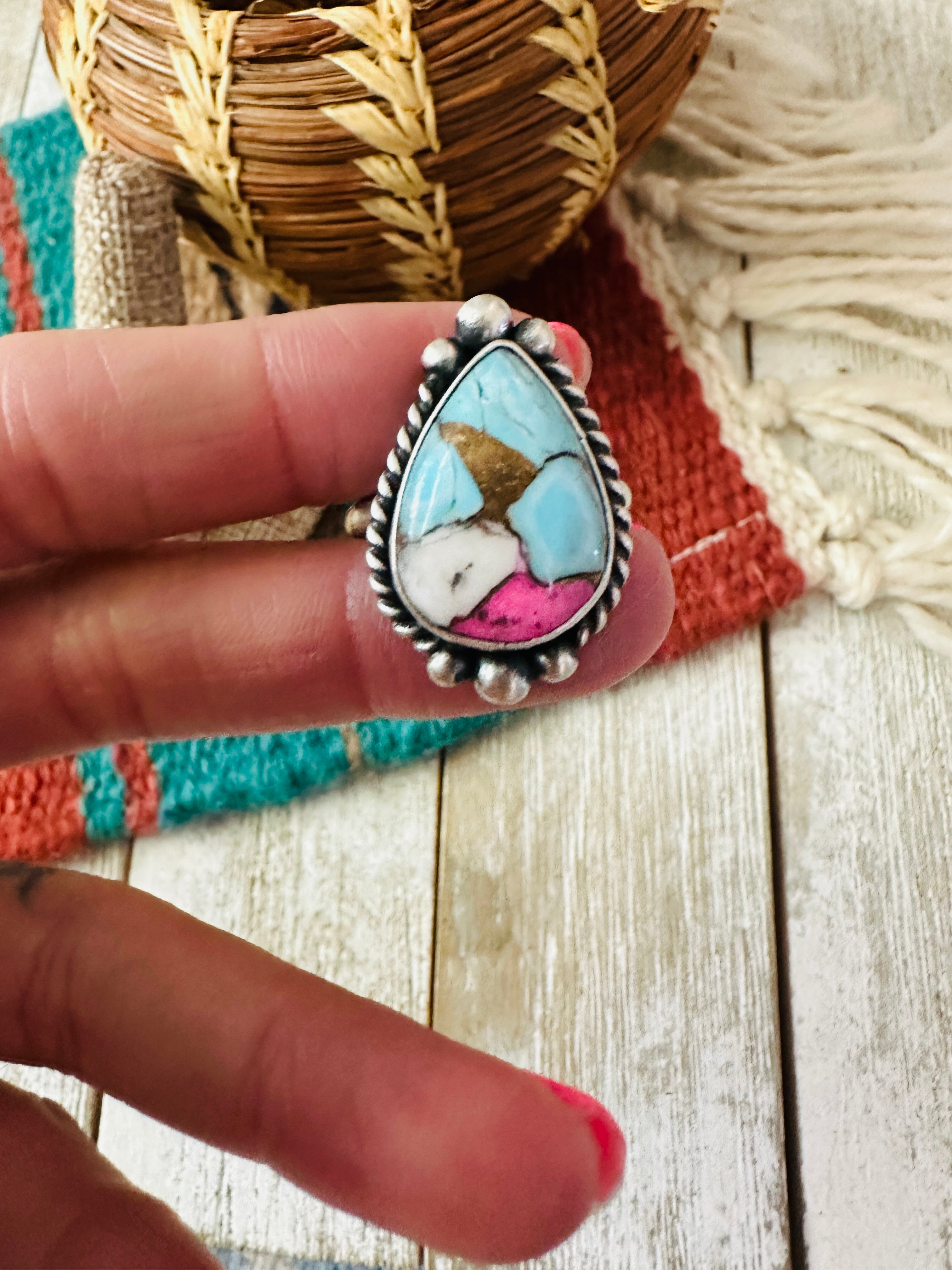 Navajo Sterling Silver & Cotton Candy Teardrop Adjustable Ring