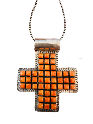 Navajo Sterling Silver & Orange Spiny Cross Pendant by Marcella James