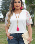 Kinslee Contrast Floral Puff Sleeve Ribbed Knit Plus Size Blouse