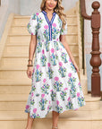 Floral Ruffle Hem Pop of Color Neckline Dress