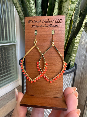 "Elegant Coral Beaded Earrings | 14K Gold Plated | Peach Sunset"