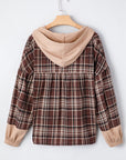 Plaid Quarter-Button Patchwork Long Sleeve Hooded Blouse