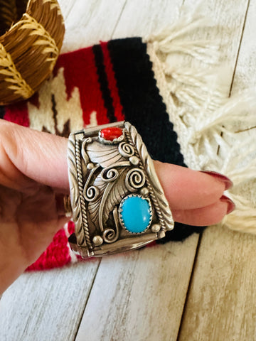 Old Pawn Vintage Navajo Turquoise, Coral & Sterling Silver Watch