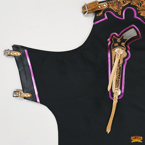 Hilason Pro Rodeo Bull Riding Chaps Genuine Leather Western Black