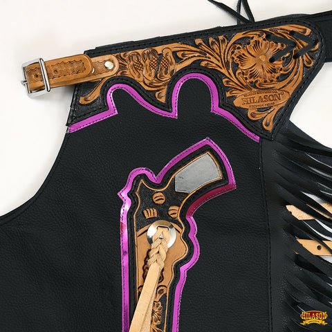Hilason Pro Rodeo Bull Riding Chaps Genuine Leather Western Black