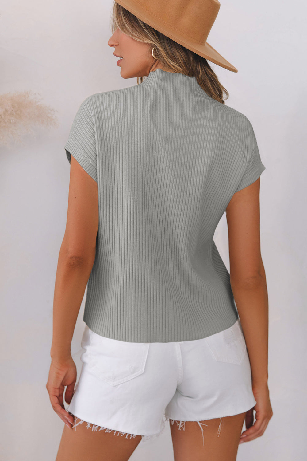 Solid Ribbed Knit Patch Pocket Short Sleeve Sweater