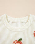 Halloween Pumpkin Embroidered Ribbed Thanksgiving Holiday Sweater