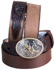 18 Inch 3D Dark Brown Leather Floral Boys Youth Cowboy Basic Belt