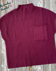 Deep Burgundy Fall Patch Pocket Rib Knit Short Sleeve Sweater