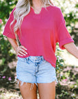 Delilah Textured Knit Split Neck Cuffed Short Sleeve Top